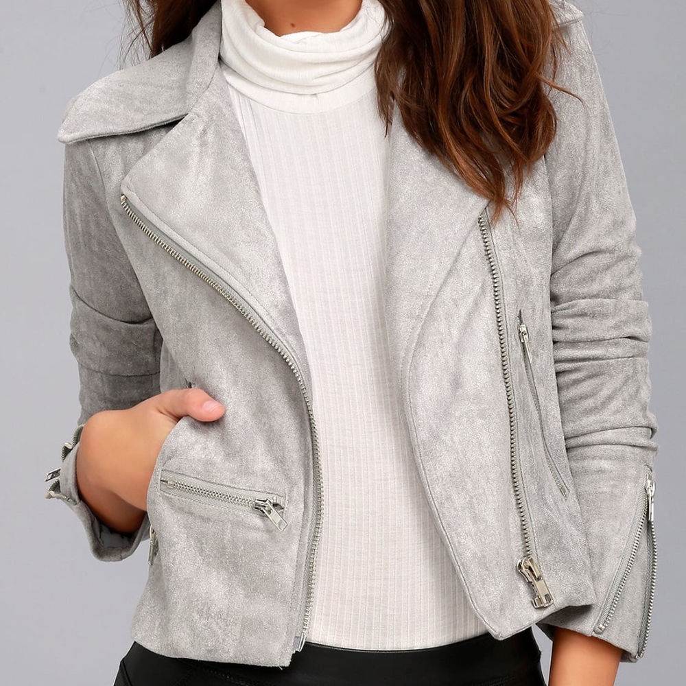 Vegan light grey suede moto jacket!